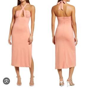 Bardot Orange Stretch Halter Midi Slit Dress Guilia Peach